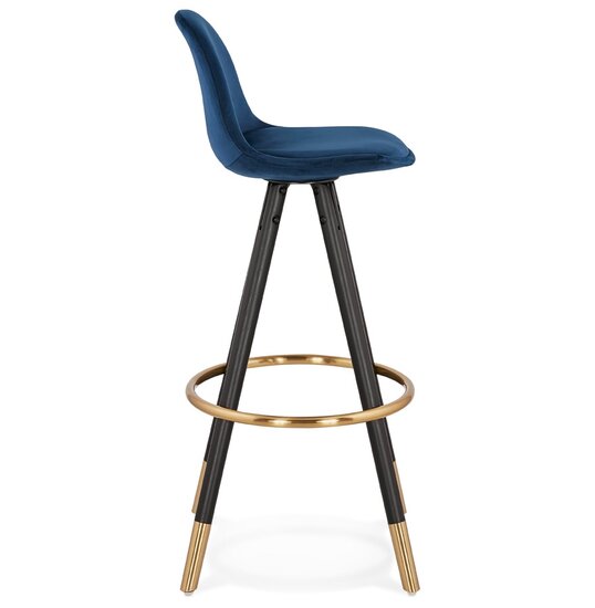 Design barkruk &#039;CHICAGO&#039; in blauw fluweel en 4 poten in zwart hout