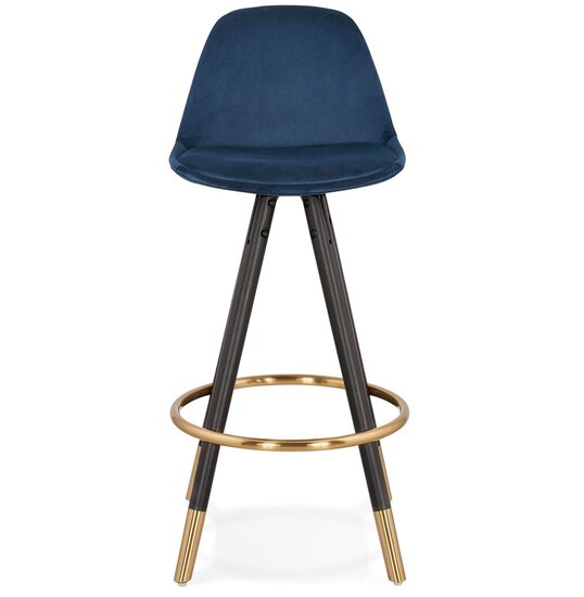 Halfhoge design barkruk &#039;CHICAGO MINI&#039; in blauw fluweel en 4 poten in zwart hout