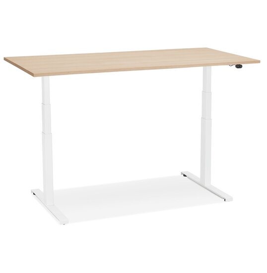 Witte elektrische zit/sta-bureau &#039;TRONIK&#039; met blad in natuurlijke houtafwerking - 140x70 cm