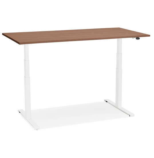 Witte elektrische zit/sta-bureau &#039;TRONIK&#039; met blad in notenhouten afwerking - 140x70 cm