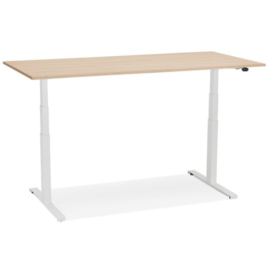 Witte elektrisch verstelbare bureau &#039;TRONIK&#039; met blad in natuurlijke houtafwerking - 160x80 cm