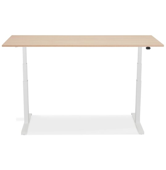 Witte elektrisch verstelbare bureau &#039;TRONIK&#039; met blad in natuurlijke houtafwerking - 160x80 cm