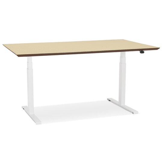 Witte elektrische zit/sta-bureau &#039;BIONIK&#039; met blad in natuurlijke houtafwerking - 150x70 cm