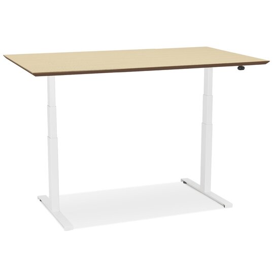 Witte elektrische zit/sta-bureau &#039;BIONIK&#039; met blad in natuurlijke houtafwerking - 150x70 cm