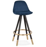 Halfhoge design barkruk &#039;CHICAGO MINI&#039; in blauw fluweel en 4 poten in zwart hout