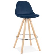 Halfhoge barkruk &#039;SPIRIT MINI&#039; in blauw fluweel en poten in hout met natuurlijke afwerking